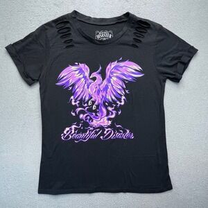 Beautiful Disaster Phoenix Graphic Distressed T-Shirt Black Large Quote Back